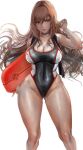  1girl absurdres black_choker black_one-piece_swimsuit blush bodyboard breasts brown_hair choker cleavage closed_mouth competition_swimsuit covered_navel goddess_of_victory:_nikke highleg highleg_one-piece_swimsuit highres holding_kickboard kickboard kyel_hyde large_breasts long_hair official_alternate_costume one-piece_swimsuit rapi_(classic_vacation)_(nikke) rapi_(nikke) red_eyes smile solo swimsuit thighs two-tone_swimsuit 