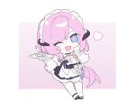  1girl ;o apron black_dress blue_eyes border chibi chibi_only commentary dress elysia_(honkai_impact) elysia_(miss_pink)_(honkai_impact) elysia_(miss_pink_elf)_(honkai_impact) english_commentary fake_horns gloves heart holding holding_plate honkai_(series) honkai_impact_3rd horns long_hair maid maid_apron maid_headdress manfu_w official_alternate_costume one_eye_closed pink_background pink_hair plate solo thighhighs white_apron white_border white_gloves white_thighhighs 