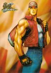  andy_seto bag belt blonde_hair blue_eyes denim duffel_bag fatal_fury fingerless_gloves gloves hat highres jeans male_focus muscle official_art pants shirt sleeveless snk solo star starry_background terry_bogard the_king_of_fighters vest 
