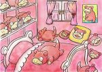  artist_request bed blanket character_print commentary_request curtains hand_fan highres indoors no_humans official_art pillow pink_theme pokemon poster_(object) second-party_source shelf slowpoke stuffed_toy 