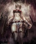  belt blonde_hair blue_eyes breasts cleavage crotch_peek dons_of_desperado fingerless_gloves from_below gloves gun handgun highres holster large_breasts looking_at_viewer midriff navel phong_anh rain short_hair short_shorts shorts single_glove solo thigh_holster thighhighs weapon 