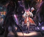  barefoot birdcage blush cage chain cuffs demon_girl demon_tail fang gloves horns long_hair long_legs multicolored_hair navel observerz open_mouth original pointy_ears purple_hair red_eyes shackles silver_hair skull solo_focus tail two-tone_hair 