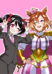  2girls \m/ animal_ears cowboy_shot crossover crown double_\m/ haiwo horse_ears horse_girl love_live! love_live!_school_idol_project multiple_girls necktie nico_nico_nii one_eye_closed pink_background pink_necktie simple_background suit t.m._opera_o_(umamusume) tokui_sora trait_connection twintails umamusume voice_actor_connection yazawa_nico 