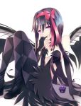  akemi_homura akuma_homura argyle argyle_legwear bare_shoulders black_gloves black_hair black_wings bow choker dark_orb_(madoka_magica) dress elbow_gloves feathered_wings finger_to_mouth gloves hair_bow high_heels highres long_hair looking_at_viewer mahou_shoujo_madoka_magica mahou_shoujo_madoka_magica_movie pantyhose purple_eyes shadow simple_background smile solo spoilers teitowawa white_background wings 