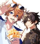  2boys black_hair blue_eyes brown_hair chinese_clothes commentary crossed_bangs cup disposable_cup earrings eyewear_on_head food fork genshin_impact gradient_hair hair_between_eyes highres holding jewelry looking_at_viewer male_focus multicolored_hair multiple_boys orange_eyes orange_hair shirt simple_background single_earring symbol-only_commentary tartaglia_(genshin_impact) upper_body utensil_in_mouth white_background xia_(ryugo) zhongli_(genshin_impact) 