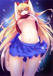  aino_minako arms_up bad_id bad_pixiv_id bishoujo_senshi_sailor_moon blonde_hair blue_background blue_eyes blue_skirt bow breasts crop_top curvy hair_bow highres long_hair magical_girl mask medium_breasts midriff miniskirt navel no_bra pleated_skirt red_bow sailor_v skirt smile solo sparkle toshi_(1-147) underboob upshirt 