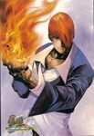  andy_seto choker dress_shirt fire highres jewelry male_focus official_art purple_background pyrokinesis red_hair ring shirt snk solo the_king_of_fighters yagami_iori yellow_eyes 