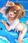  1girl adjusting_eyewear bikini bikini_under_clothes blush brown_hair collarbone eyewear_on_head fang flower green_bikini green_eyes hair_between_eyes hair_flower hair_ornament haru_(kuzuyu) highres inflatable_dolphin inflatable_toy komori_kuzuyu looking_at_viewer open_mouth original scrunchie see-through_clothes shirt smile solo striped_bikini striped_clothes sunglasses swimsuit water wet wet_clothes white_bikini white_shirt wrist_scrunchie 