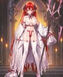  1girl absurdly_long_hair armpit_crease ass_visible_through_thighs bare_shoulders black_horns blush boots bra breasts candle cleavage closed_mouth cupless_bra curved_horns demon_girl detached_collar earrings evertale fire frilled_armlet garter_straps groin hair_between_eyes high_heel_boots high_heels holding holding_pitchfork holding_polearm holding_weapon horns jewelry lace_collar linea_alba long_hair looking_at_viewer medium_breasts navel neck_ribbon official_art open_clothes open_robe pitchfork pointy_ears polearm popqn red_eyes red_garter_belt red_hair red_ribbon red_thong revealing_clothes ribbon robe satan_(evertale) shiny_skin skindentation solo sparks stairs standing stone_stairs striped_clothes striped_thighhighs thigh_boots thighhighs trident underwear vertical-striped_clothes vertical-striped_thighhighs very_long_hair weapon white_bra white_garter_straps white_robe white_thighhighs 