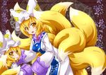  animal_ears blonde_hair dress fox_ears fox_tail hat kazami_karasu long_sleeves looking_at_viewer mother_and_daughter multiple_girls multiple_tails open_mouth pillow_hat smile tabard tail touhou white_dress wide_sleeves yakumo_ran yellow_eyes 