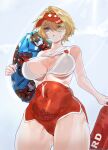  1girl absurdres alternate_costume bikini bikini_top_only blonde_hair blue_eyes breasts breasts_apart character_print commentary dolphin_shorts female_commander_(girls&#039;_frontline) girls&#039;_frontline girls&#039;_frontline_2:_exilium hat highres holding holding_swim_ring large_breasts nikketa_(girls&#039;_frontline_2) oobak open_mouth red_hat red_shorts short_hair shorts simple_background solo sweat swim_ring swimsuit visor_cap vsk-94_(girls&#039;_frontline) watermark white_background white_bikini 