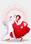  dancing dress flower highres kuma_(bloodycolor) long_hair mouth_hold multiple_girls red_dress red_hair rose ruby_rose rwby short_hair skirt_hold weiss_schnee white_hair 
