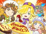  1girl 2boys allan_(fantasy_life) bird blonde_hair blue_eyes bottle brown_eyes brown_hair chakpo_(fantasy_life) chef chef_hat closed_mouth commentary_request copyright_name fantasy_life fantasy_life_i:_the_girl_who_steals_time flying_sweatdrops food food_writing grey_hat hair_over_one_eye hamburger_steak hat helmet highres holding holding_bottle ketchup ketchup_bottle long_hair looking_at_viewer milestone_celebration multiple_boys nommie_(fantasy_life) omelet omurice one_eye_closed open_mouth oven_mitts plate ponytail runachikku short_hair smile sparkle spoon tongue tongue_out translation_request trip_(fantasy_life) upper_body 