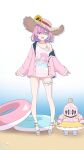  1girl :d absurdres alternate_costume apple_anzu arms_at_sides bikini bikini_under_clothes bob_cut breasts character_print design_speculation frilled_bikini frilled_bikini_bottom frilled_bikini_top frilled_thigh_strap frills gradient_hair green_eyes hat heterochromia highres himemori_luna hololive innertube jacket long_sidelocks looking_at_viewer luknight_(himemori_luna) multicolored_hair no_pants open_mouth pink_hair pink_jacket platform_sandals purple_eyes purple_hair ruffle_bikini sandals see-through_clothes see-through_shirt self_character_print shirt sidelocks sleeves_past_wrists small_breasts smile solo straight-on straw_hat sun_hat swim_ring swimsuit t-shirt thigh_strap virtual_youtuber white_bikini 
