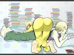  1boy 1girl ass barefoot blonde_hair book bruce_lee&#039;s_jumpsuit bruce_lee's_jumpsuit green_eyes highres huang_baoling huge_ass ivan_karelin light_smile looking_back lying on_person on_stomach purple_eyes reading short_hair smile tiger_&amp;_bunny ying_shan 