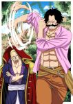  2boys abs aged_down blonde_hair coat coat_on_shoulders collarbone cowboy_shot epaulettes facial_hair glasses goatee gol_d._roger gold_necklace grin highres jewelry multiple_boys musasabiop muscular muscular_male mustache necklace one_piece open_clothes open_shirt orange_pants pants pectorals pink_shirt round_eyewear shirt short_hair silvers_rayleigh smile spinning unworn_coat 