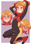  1girl absurdres arms_up black_bodysuit blush bodysuit boots breasts covered_navel elbow_pads full_body gloves grin gundam gundam_zz highres kneeling looking_at_viewer mecha_pilot_suit multicolored_bodysuit multiple_expressions neo_zeon normal_suit_(gundam) one_eye_closed onimaru_(onimal7802) orange_hair outline parted_lips puru_two red_bodysuit red_boots red_gloves short_hair sidelocks skin_tight small_breasts smile solo sweatdrop v-shaped_eyebrows wavy_mouth white_outline 