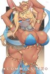  1girl armlet armpits arms_up bare_shoulders blonde_hair blue_eyes breasts commission dancer furry highres jewelry large_breasts long_hair looking_at_viewer mo_(k40633) mouth_veil navel original parted_lips rabbit_girl rabbit_tail stomach tail veil 