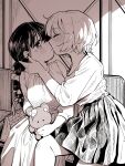  2girls absurdres bag blush braid closed_eyes commentary dress feet_out_of_frame greyscale hair_ribbon hand_on_another&#039;s_neck handbag highres holding holding_stuffed_toy kiss long_dress long_hair long_sleeves miyama_(kannsannn) monochrome multiple_girls nose_blush original parted_lips pleated_skirt raised_inner_eyebrows ribbon shirt shirt_tucked_in short_hair sitting skirt stuffed_animal stuffed_toy sweatdrop symbol-only_commentary teddy_bear yuri 