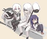  2girls admiral_(kantai_collection) akatsuki_(kantai_collection) blindfold blue_eyes cane ganesagi hands_on_own_chest hat hat_removed headwear_removed kantai_collection long_hair multiple_girls shinkaisei-kan silver_hair sitting sleeping wo-class_aircraft_carrier 