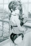  1girl adjusting_clothes adjusting_eyewear adjusting_swimsuit akizukinosora ass back bikini breasts closed_mouth commentary_request eyewear_on_head from_behind greyscale halterneck hand_on_eyewear hand_up highres indoors kaga_(kancolle) kantai_collection large_breasts long_hair looking_at_viewer looking_back monochrome pool poolside shoulder_blades side-tie_bikini_bottom side_ponytail solo swimsuit towel towel_on_arm traditional_media window 