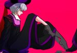  1girl bad_id bad_pixiv_id claude_frollo disney feet hat maleficent marimo_(yousei_ranbu) no_shoes one_man's_dream_ii out_of_frame silver_hair simple_background sitting sleeping_beauty solo_focus stepped_on the_hunchback_of_notre_dame thighhighs thighhighs_pull 