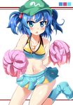  absurdres blue_eyes blue_hair blush cheerleader e.o. hat highres kawashiro_nitori key looking_at_viewer midriff navel open_mouth pom_poms short_hair skirt solo touhou two_side_up 