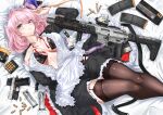  1girl apron black_bra blue_eyes blush bra breasts bullet cellphone fatkewell garter_straps gun handgun highres lingerie looking_at_viewer lying magazine_(weapon) maid maid_apron maid_headdress on_back original parted_lips phone pink_hair rifle sig_mcx smartphone solo thighhighs underwear weapon 