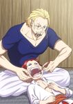  2boys aged_down blonde_hair blue_shirt brushing_teeth child collarbone facial_hair glasses goatee highres indian_style multiple_boys musasabiop muscular muscular_male one_piece open_mouth pectorals round_eyewear shanks_(one_piece) shirt short_hair silvers_rayleigh sitting teeth 