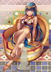  :d arm_support armband blue_hair bracelet breasts cleavage couch egyptian egyptian_clothes eyeliner eyeshadow full_body headdress jewelry large_breasts legs long_hair makeup million_arthur_(series) navel necklace no_legwear official_art open_mouth purple_eyes sandals sitting smile solo toes very_long_hair 