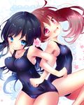  back-to-back black_hair blue_eyes brown_hair highres locked_arms long_hair mintsu_(ichi--kun) multiple_girls one-piece_swimsuit original ponytail red_eyes school_swimsuit shiny shiny_clothes swimsuit twintails 