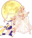  androgynous arm_behind_back back_bow barefoot bishoujo_senshi_sailor_moon blonde_hair blue_footwear blue_sailor_collar blue_skirt boots bow closed_eyes double_bun dress dual_persona full_body full_moon hair_ornament hairclip highres holding holding_hands long_hair moon multiple_girls one_knee pants pinya pleated_skirt princess_serenity sailor_collar sailor_senshi_uniform sailor_uranus short_hair sitting sitting_on_lap sitting_on_person skirt ten'ou_haruka tsukino_usagi twintails very_short_hair white_background white_dress yellow_bow 