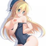  alternate_costume atago_(kantai_collection) bad_id bad_pixiv_id blonde_hair blue_eyes breasts hat kantai_collection kazushima large_breasts long_hair nipples one-piece_swimsuit school_swimsuit solo swimsuit swimsuit_pull undersized_clothes wavy_mouth 