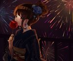  bad_id bad_pixiv_id bag blush brown_eyes brown_hair candy_apple earrings eating fingernails fireworks flower flower_earrings food food_in_mouth hair_flower hair_ornament highres holding holding_food japanese_clothes jewelry kanzashi kimono lingmuzi nail_polish obi original pouch print_kimono sash short_ponytail solo summer_festival upper_body 