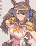  1girl animal_ears asymmetrical_gloves black_gloves blue_ribbon breasts brown_hair closed_mouth commentary_request epaulettes gloves grey_background hair_ribbon hands_on_own_hips horse_ears horse_girl horse_tail large_breasts mismatched_gloves pink_eyes ribbon simple_background solo tail toriga_naku tosen_jordan_(umamusume) umamusume white_gloves 