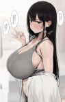  1girl bare_shoulders black_eyes black_hair blurry blurry_background blush breasts closed_mouth commentary_request from_side grey_sports_bra hand_up highres huge_breasts long_hair looking_at_viewer looking_to_the_side original rouka_(akatyann) speech_bubble sports_bra sweat tanezawa_nanami_(rouka) translation_request 
