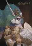  2014 armor crown english_text equine female friendship_is_magic gold graffegruam hair helmet horn looking_at_viewer mammal multi-colored_hair my_little_pony portrait princess_celestia_(mlp) purple_eyes roman_numerals solo sparkles text winged_unicorn wings 