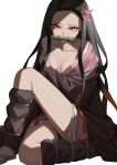 1girl absurdres bamboo bit_gag black_hair black_leg_warmers breasts gag hair_ribbon haori highres japanese_clothes kamado_nezuko kimetsu_no_yaiba kimono knee_up leg_warmers long_hair looking_at_viewer nemo_ringo pink_eyes pink_kimono pink_ribbon ribbon simple_background small_breasts solo white_background 