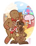  balls bonbon_(hollandworks) bow_tie breasts candy candy_cane duo erection eyes_closed female food gingerbread_man kneeling lagomorph male mammal nude penis rabbit standing text wildroxann 