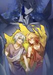  3boys absurdres aged_down antenna_hair arm_tattoo armlet black_shirt blonde_hair blue_eyes chest_tattoo chinese_commentary commentary_request cracked_skin facial_tattoo gradient_hair grey_shirt hadanugi_dousa hair_between_eyes highres holding_hands honkai:_star_rail honkai_(series) jewelry lying male_focus medium_hair multicolored_hair multiple_boys mydei_(a_trail_of_bygone_blood)_(honkai:_star_rail) mydei_(honkai:_star_rail) official_alternate_costume on_back on_grass parted_bangs phainon_(a_dream_scented_in_wheat)_(honkai:_star_rail) phainon_(honkai:_star_rail) phainon_(khaslana)_(honkai:_star_rail) red_hair red_tattoo shirt short_hair sleeveless sleeveless_shirt tattoo white_hair yaoi yellow_eyes yinghuacanluo 