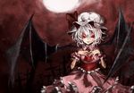  ascot bat_wings brooch cross dress frilled_dress frills fugu_(hg2gie) full_moon graveyard hands_on_own_chest hat jewelry looking_at_viewer mob_cap moon pink_dress red_eyes red_sky remilia_scarlet silver_hair sky smile solo touhou upper_body wings 