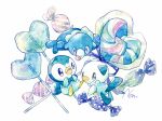  absurdres animal_focus black_eyes candy food full_body heart heart-shaped_food heart-shaped_lollipop highres lollipop no_humans non_(kumakawayusu) open_mouth oshawott painting_(medium) piplup pokemon pokemon_(creature) popplio shaped_lollipop signature simple_background smile swirl_lollipop traditional_media watercolor_(medium) white_background wrapped_candy 