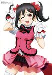  ;d absurdres black_hair blush bow gloves hair_bow highres kira-kira_sensation! love_live! love_live!_school_idol_project megami murayama_kousuke nico_nico_nii non-web_source official_art one_eye_closed ono_akira open_mouth red_eyes smile solo thighhighs twintails white_legwear yazawa_nico 