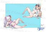  2girls azusa_(blue_archive) bar_censor bikini blonde_hair blue_archive breasts censored eyewear_on_head glasses grey_hair halo hifumi_(blue_archive) highres long_hair looking_at_viewer low_twintails lying multiple_girls navel nipples nude open_mouth pink_bikini pink_eyes small_breasts spread_legs stmast stomach swimsuit twintails very_long_hair white_bikini yellow_eyes 