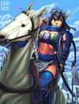  armor banner black_hair blue_legwear breasts brown_eyes cleavage cup eyelashes feathers forehead_protector greaves hair_feathers highres horse katana large_breasts lips midriff navel original riding ryu_shou sarong scarf sheath sheathed shoulder_armor solo spaulders sword thighhighs vambraces weapon 