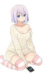  :o bad_deviantart_id bad_id bare_shoulders blue_eyes blush breasts card cardfight!!_vanguard cleavage collarbone long_sleeves looking_at_viewer medium_breasts no_pants off-shoulder_sweater parted_lips short_hair sitting socks solo striped striped_legwear sweater thighhighs tokura_misaki transparent_background wariza zettai_ryouiki 