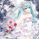  1girl aqua_eyes aqua_hair cocoon_(loveririn) dress flower hatsune_miku long_hair pink_dress rose roses skirt solo standing twintails very_long_hair vocaloid wedding_dress white_gloves 