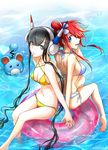  aqua_eyes back-to-back barefoot bikini black_hair blue_bikini blue_eyes breasts fuuro_(pokemon) gen_2_pokemon hair_ornament highres holding_hands kamitsure_(pokemon) long_hair marill medium_breasts mintes multiple_girls pokemon pokemon_(creature) pokemon_(game) pokemon_bw pokemon_bw2 red_hair sample side-tie_bikini sitting smile swimsuit very_long_hair water yellow_bikini 