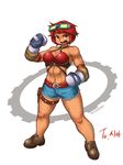  bare_shoulders boxing_gloves breasts cleavage cutoffs dark_skin denim denim_shorts dungeon_and_fighter fighter_(dungeon_and_fighter) full_body goggles goggles_on_head halter_top halterneck large_breasts navel nestkeeper red_eyes red_hair shoes shorts solo standing thigh_pouch toned 