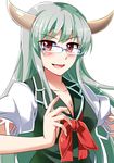 bespectacled blue-framed_eyewear blush breasts brown_eyes cleavage collarbone dress e.o. ex-keine glasses green_dress highres horns jewelry kamishirasawa_keine large_breasts long_hair necklace open_mouth puffy_short_sleeves puffy_sleeves short_sleeves silver_hair smile solo touhou upper_body very_long_hair 